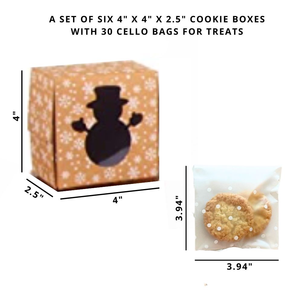 Dimensions are given for the Christmas themed window bakery boxes and goodie bags. Text explains the package includes 6 cookie boxes and 30 goodie bags.