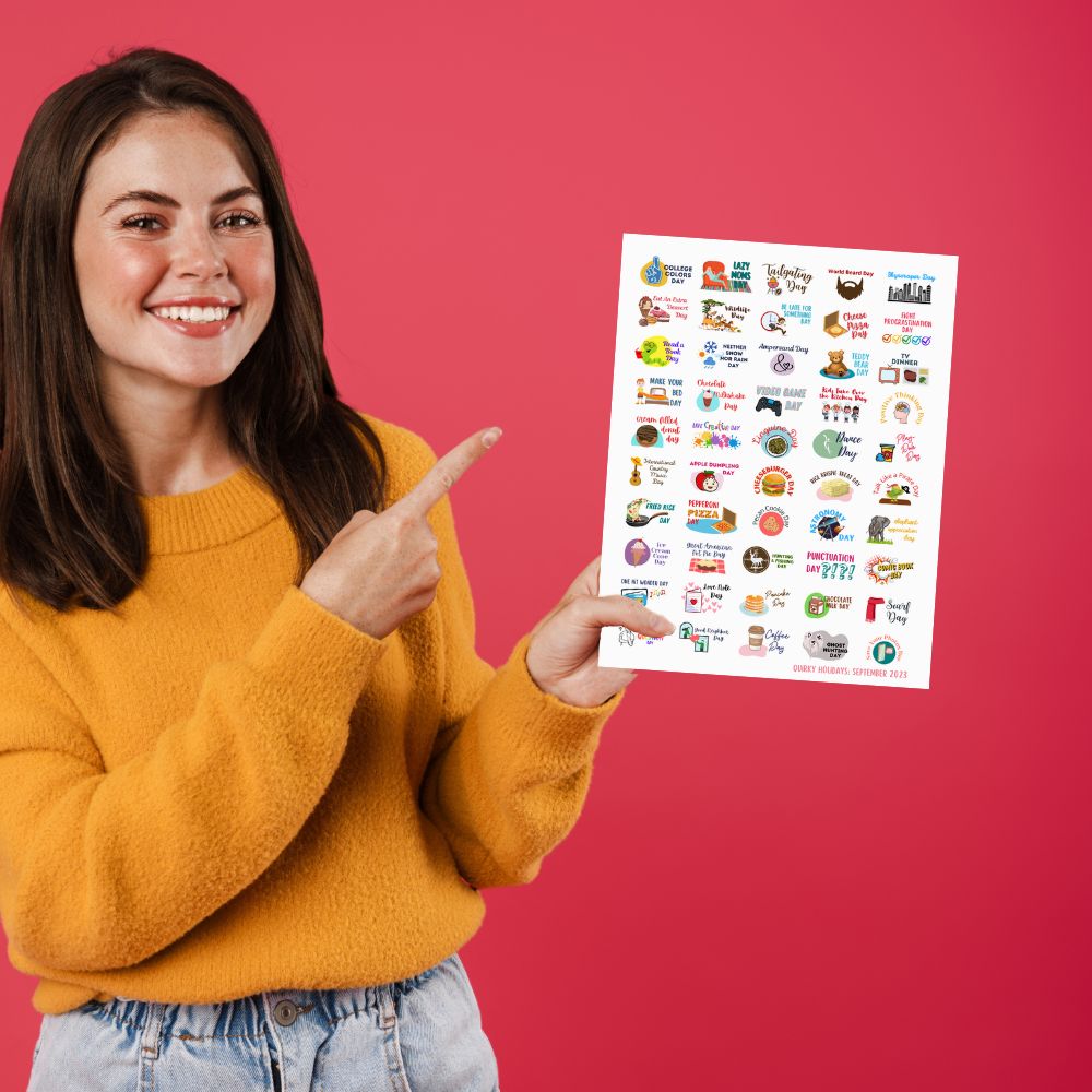 A woman points at a sticker sheet of September's Quirky Holidays.