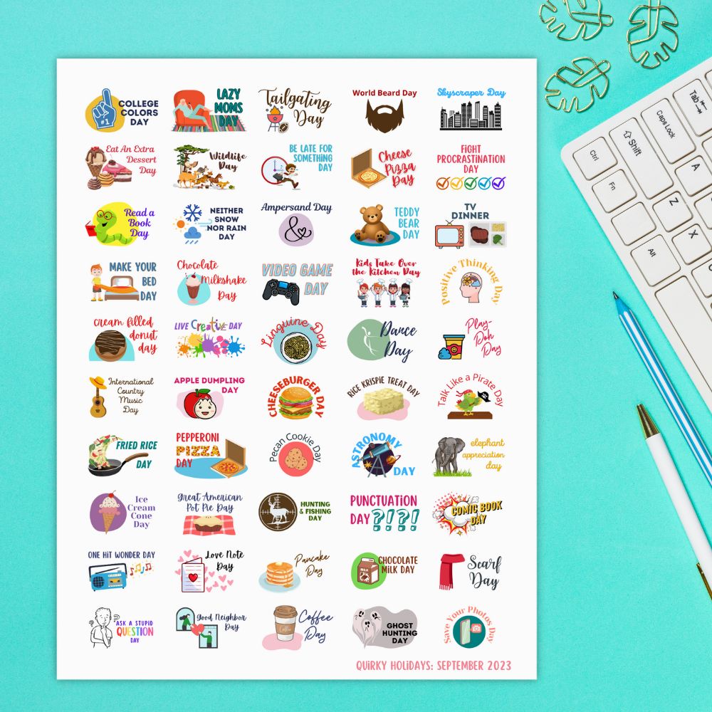 A sheet of calendar sticker for the quirky holidays in September 2023 sits on a desk.