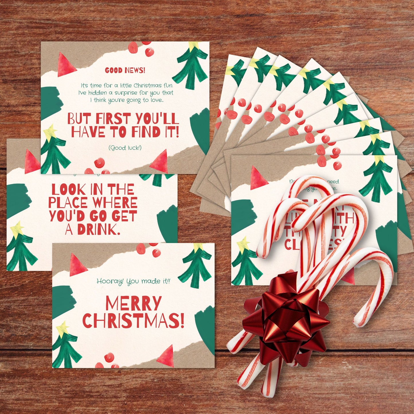 Classic Christmas Treasure Hunt clue cards are displayed with candy canes on a table top