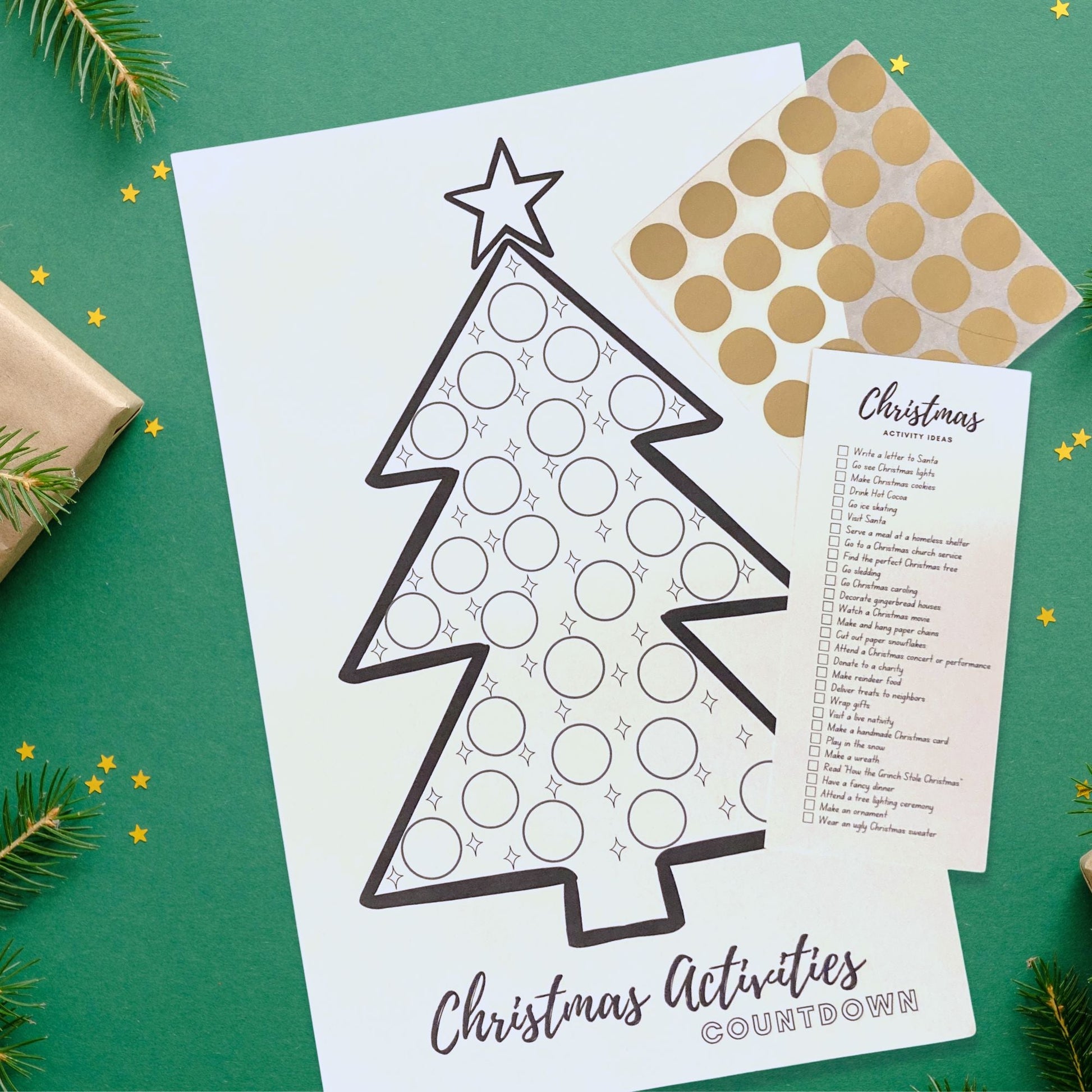 The Advent Scratch-off Christmas tree poster is displayed before it is filled out.