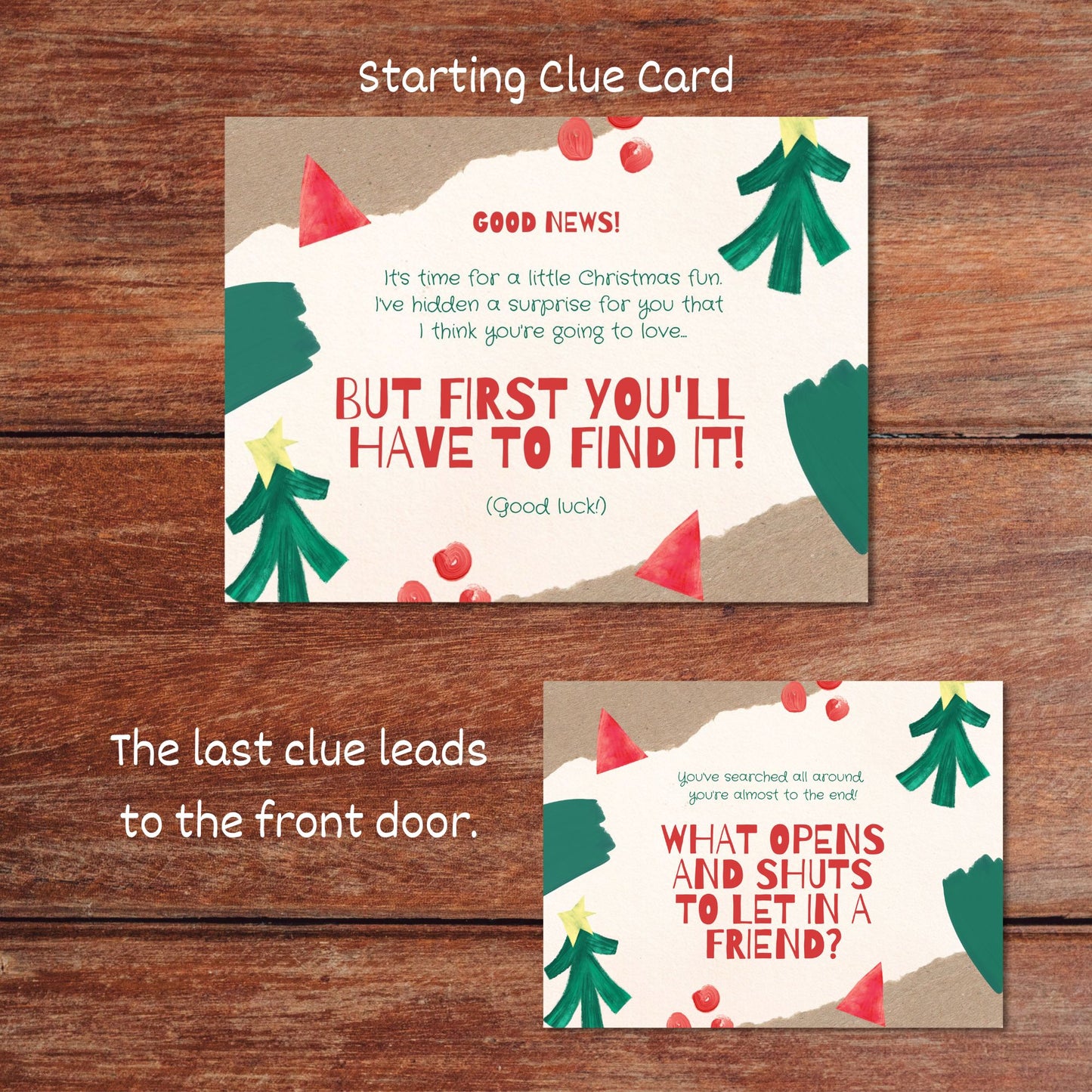 The starting and ending clue cards for the Classic Christmas Treasure Hunt are shown