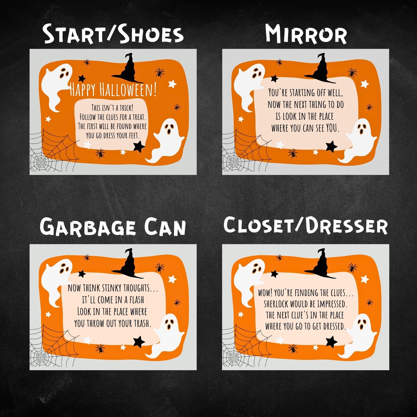 Four of the clue cards are displayed, leading to shoes, mirror, garbage can, and closet/dresser hiding places.