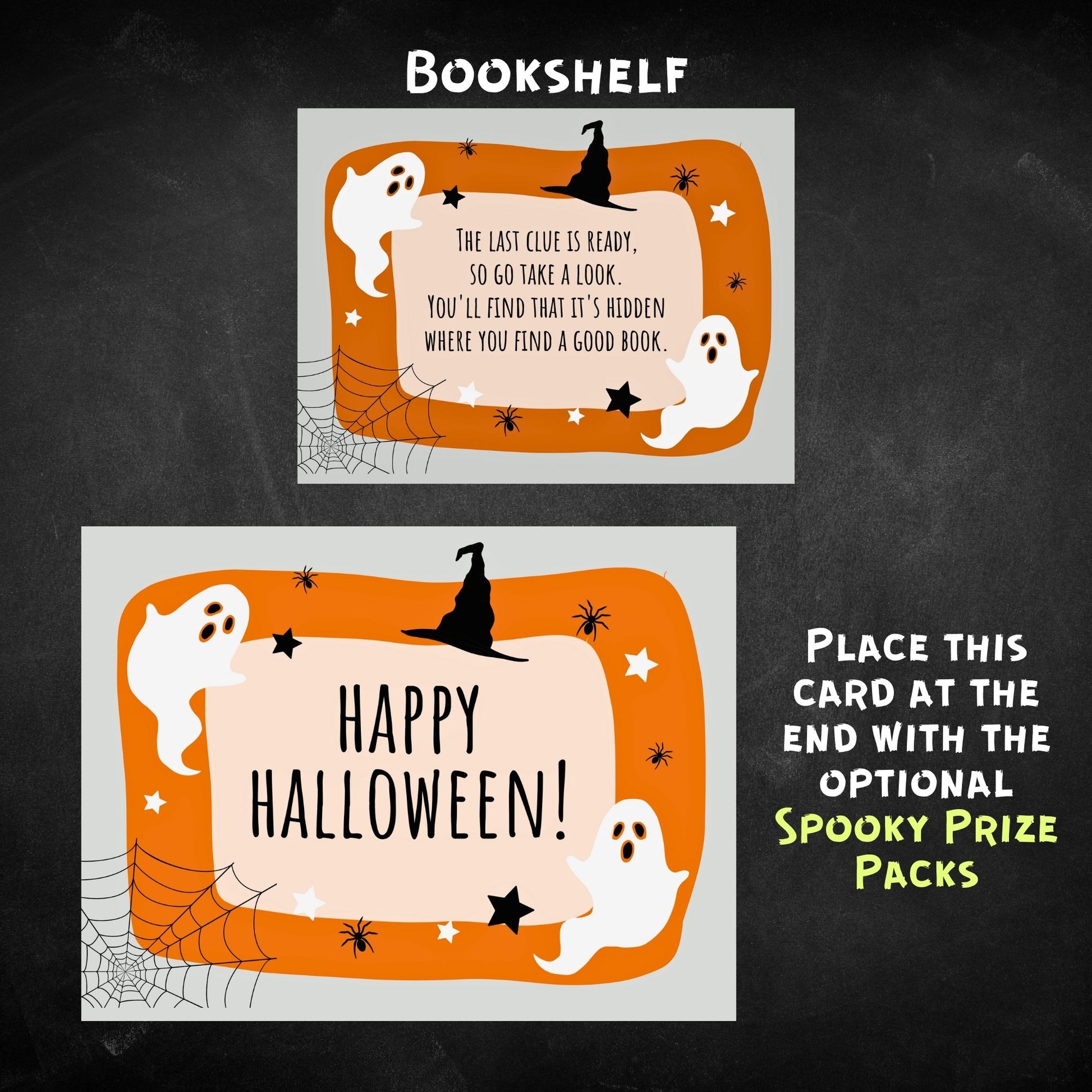The last clue card is displayed, leading to a bookshelf. A final card with the message "Happy Halloween" sits next to a reminder to place the card at the end of the hunt along with the optional spooky prize packs.