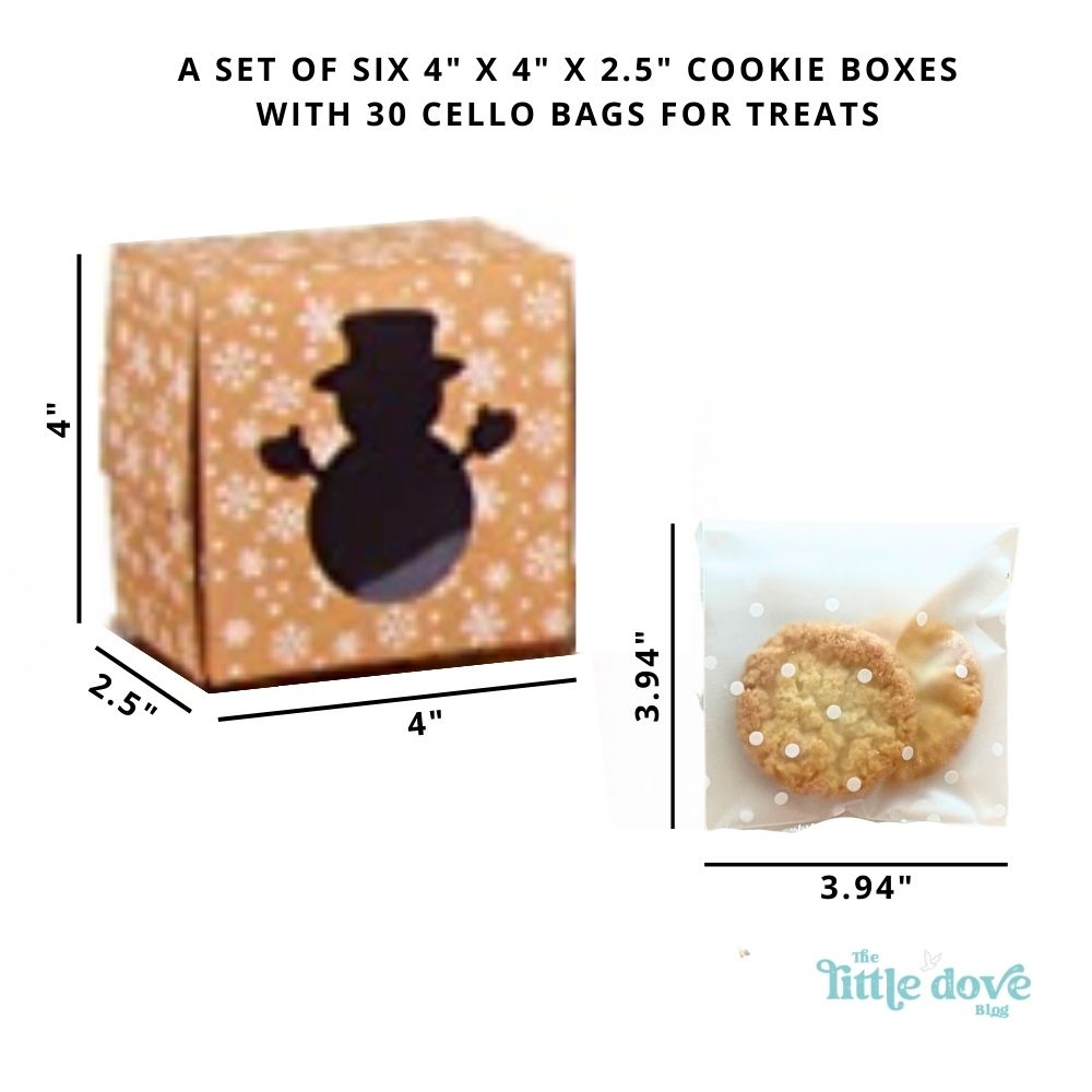 Dimensions are given for the Christmas themed window bakery boxes and goodie bags. Text explains the package includes 6 cookie boxes and 30 goodie bags.