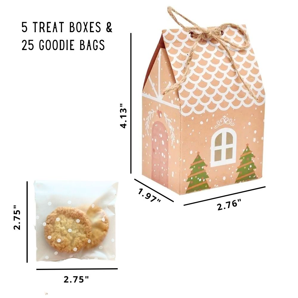 Dimensions are given for the Christmas village themed treat boxes and goodie bags. Text explains the package includes 5 treat boxes and 25 goodie bags.