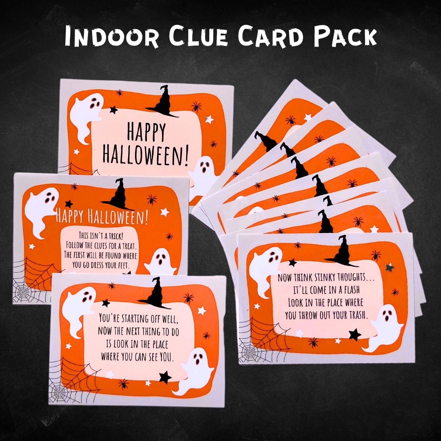 A close up view of the indoor clue card pack cards