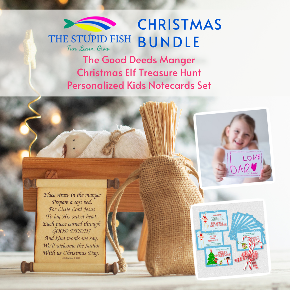 The Stupid Fish Christmas Bundle, including The good Deeds Manger, a Christmas Elf Treasure Hunt, and personalized kids notecards set