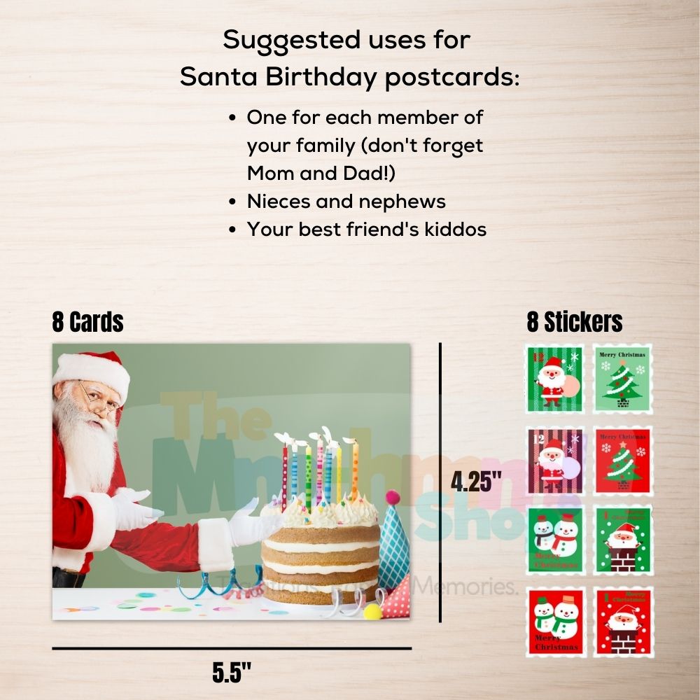 Suggested uses for Santa Birthday postcards are listed, and the dimensions of the cards are shown as 5.5" x 4.25". 8 cards and 8 Christmas themed stamp-style stickers are included.