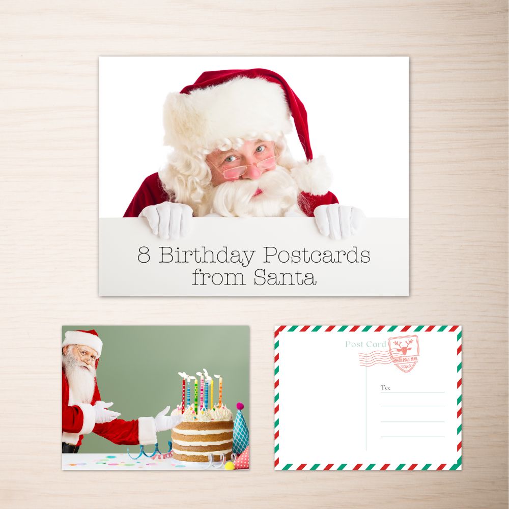 A set of 8 Birthday Postcards from Santa shows the postcard design - Santa gesturing toward a birthday cake - and the blank back-side of the postcard.