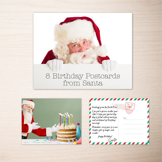 8 Birthday Postcards from Santa - a postcard with santa gesturing to a birthday cake is shown, along with the birthday wishes from Santa printed on the back of the card.