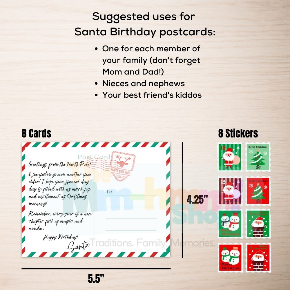 Suggested uses for Santa Birthday postcards are listed, and the dimensions of the cards are shown as 5.5" x 4.25". 8 cards and 8 Christmas themed stamp-style stickers are included.