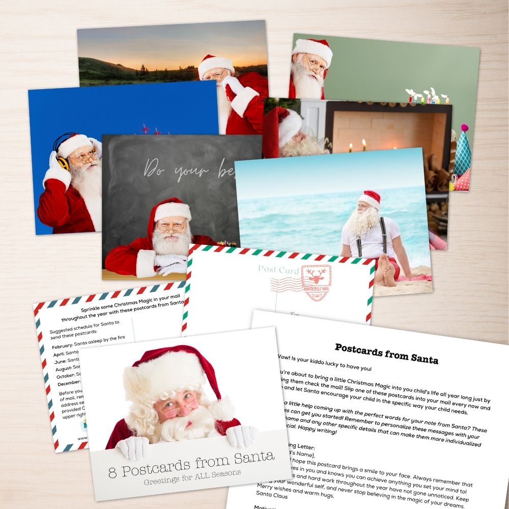A set of postcards from Santa shows Santa engaging in different activities throughout the year, an instruction card, and a page with sample letters.