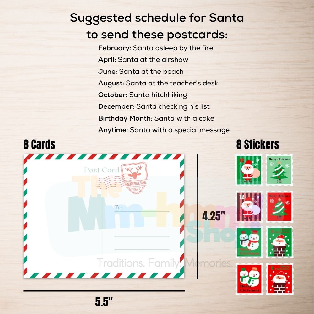 A suggested schedule for Santa to send the postcards is included, along with the dimensions of the postcards: 5.5" x 4.25" and the designs of 8 Christmas-themed stamp stickers.