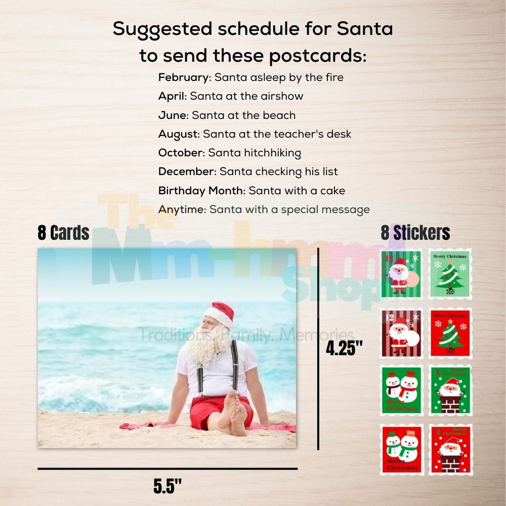 A suggested schedule for Santa to send the postcards is included, along with the dimensions of the postcards: 5.5" x 4.25" and the designs of 8 Christmas-themed stamp stickers.