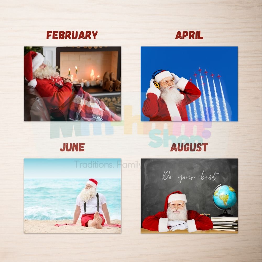 Four Santa postcard designs are shown, along with the months they are suggested for use. February: Santa Relaxing in an arm chair; April: Santa at an airshow; June: Santa at the beach; August: Santa at a teacher's desk