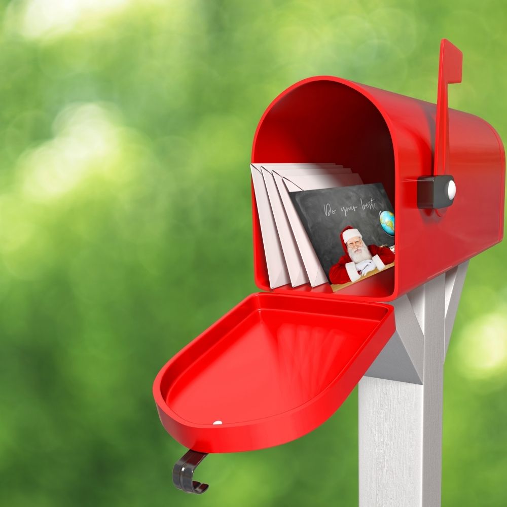 A red mailbox holds mail including a postcard from Santa