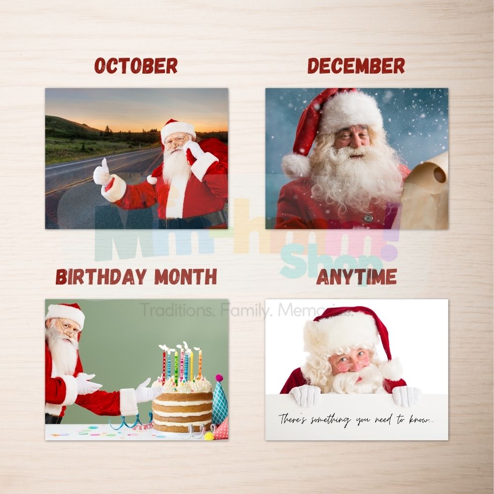 Four Santa Postcards are shown, along with the month each is suggested to be used. October: Santa hitchhiking; December: Santa checking his list; Birthday Month: Santa with a birthday cake; Anytime: Santa with a sign that says "There's something you need to know..."