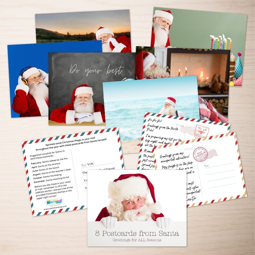 A set of 8 postcards from Santa is shown along with instructions for use.