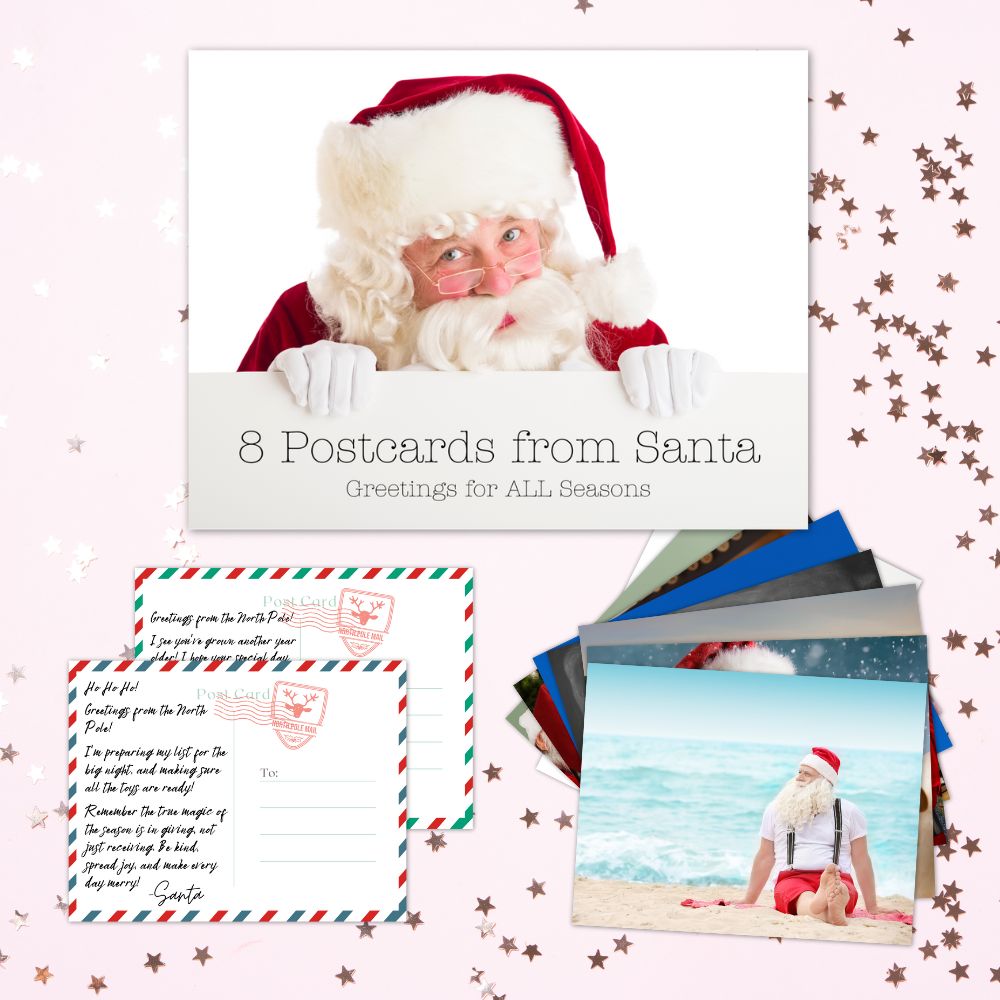 8 Postcards from Santa: Greetings for ALL Seasons - sample postcards are pictured.