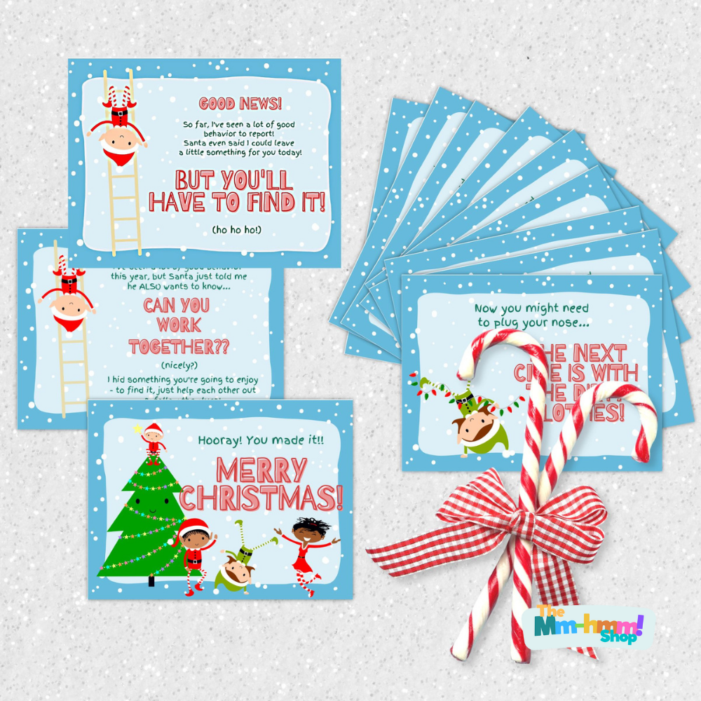 Pre-made treasure hunt clue cards with a playful elves theme are displayed with some decorative candy canes