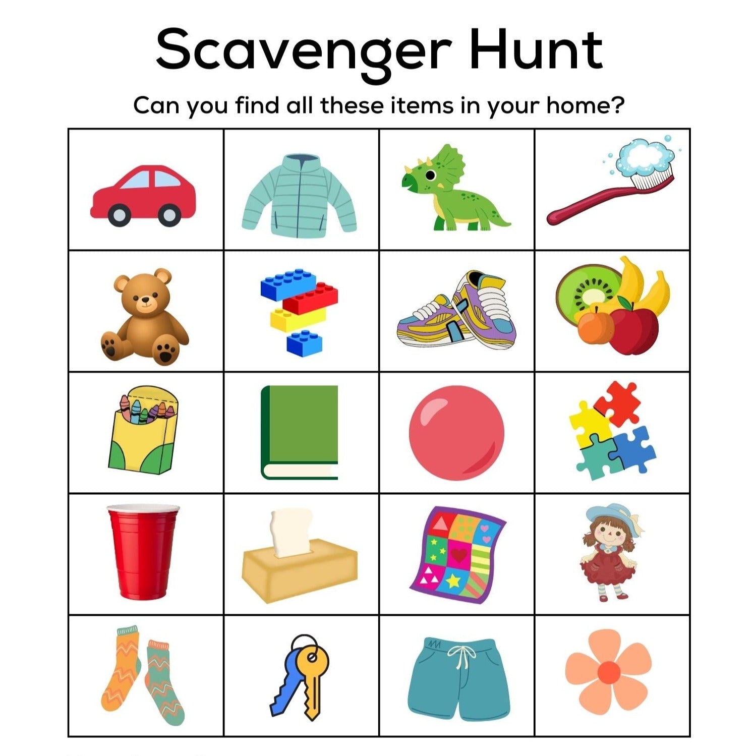 Scavenger hunt with pictures shown for each item a child should find in the hunt. An area at the bottom includes ideas on how to play.