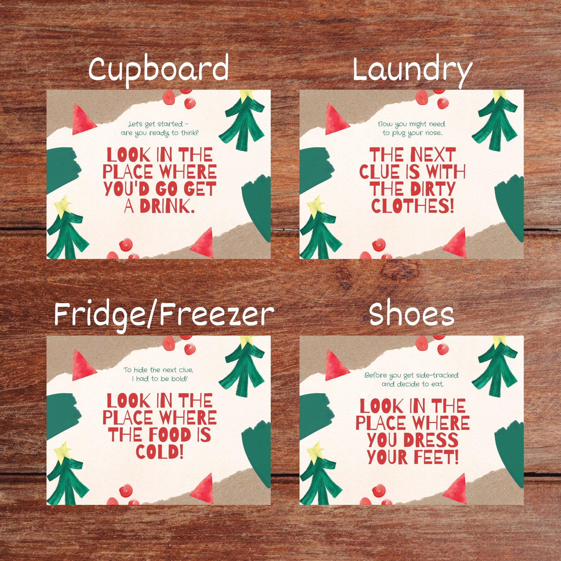 Four clue cards and their locations are displayed (cupboard, laundry, fridge/freezer, shoes)