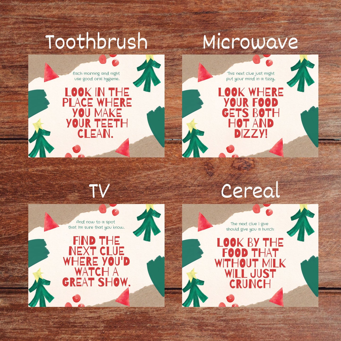 Four clue cards and their locations are displayed (toothbrush, microwave, tv, cereal)