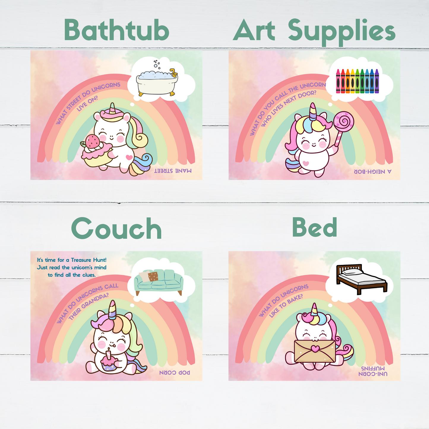 4 Treasure hunt clue cards are displayed, leading to Bathtub, Art supplies, Couch, and Bed.