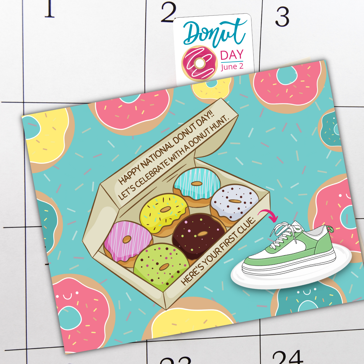 The first clue card for a National Donut Day treasure hunt sits on top a calendar showing the holiday marked on June 2nd.