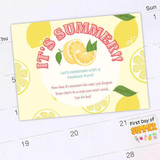 A calendar shows the first day of summer, and the first clue card to a summer celebration treasure hunt is pictured sitting on the calendar.