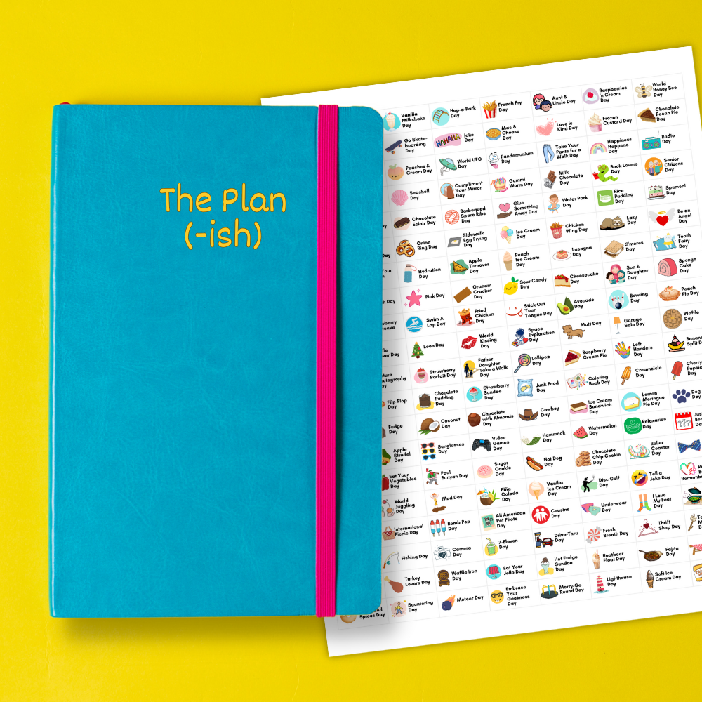 A planner titled "The Plan (-ish)" sits next to a page of quirky holiday stickers.