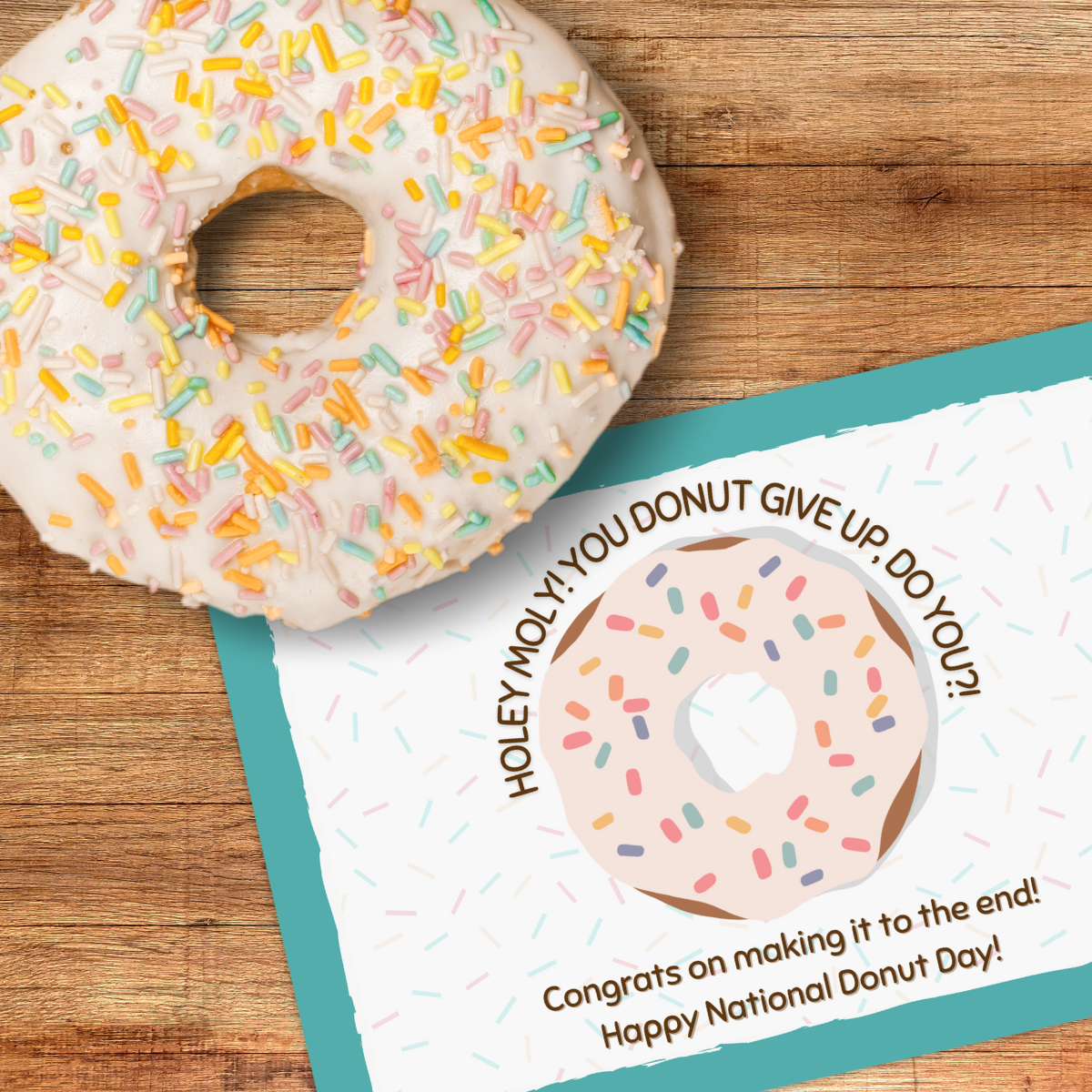 A sprinkle donut sits next to the final card from the National Donut Day treasure hunt.