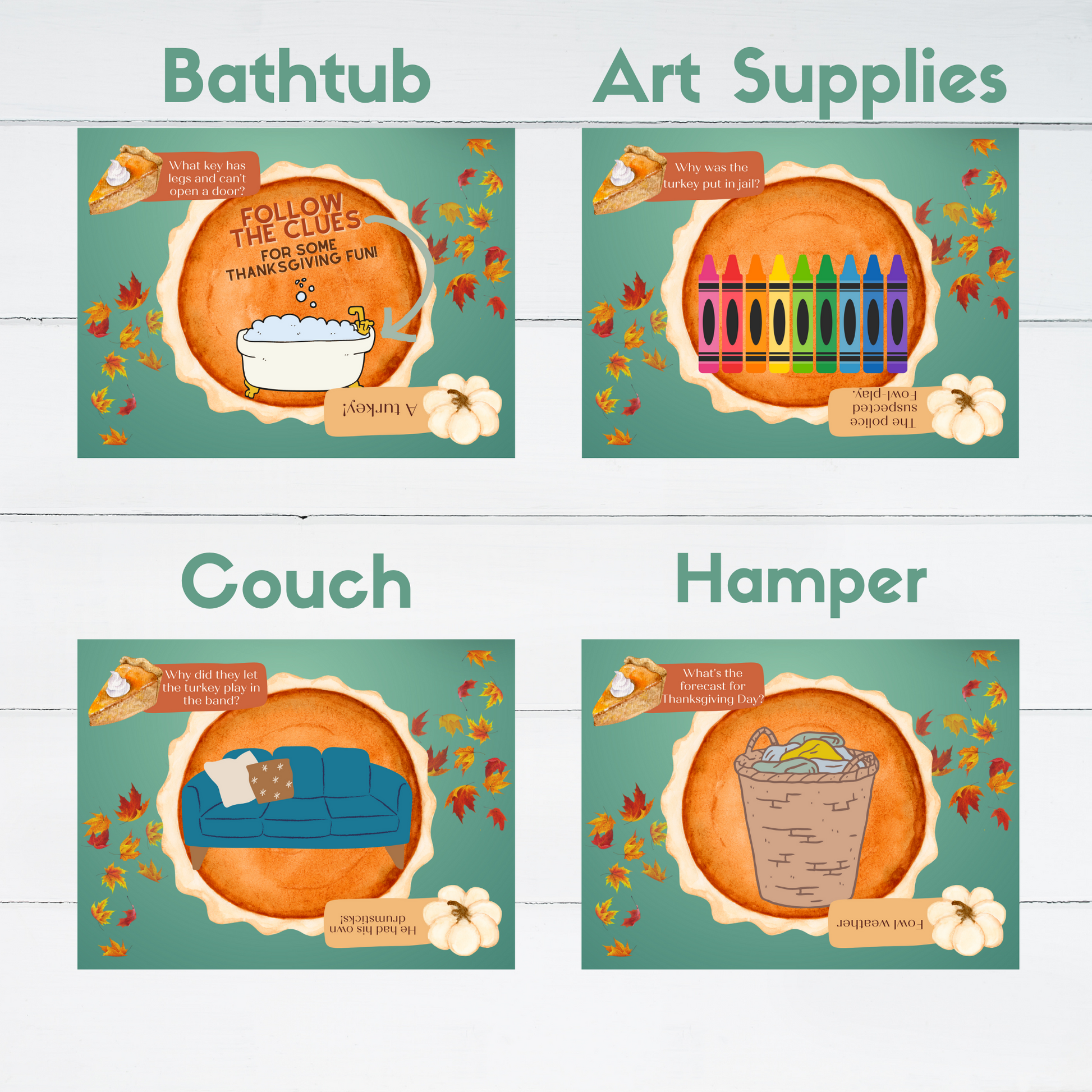 Four clue cards for a Thanksgiving Treasure Hunt shown. Clues lead to a bathtub, art supplies, couch, and hamper.