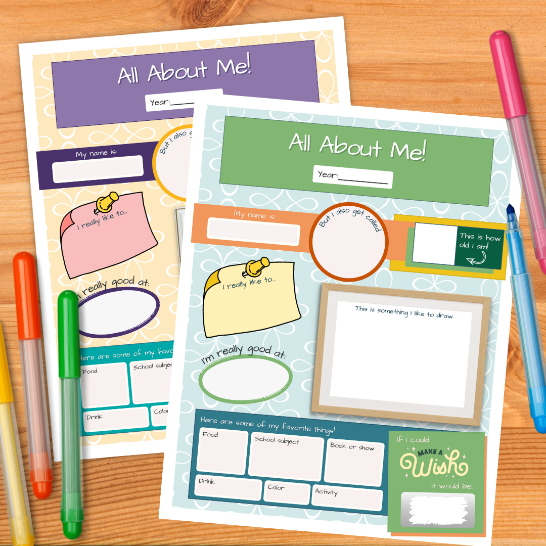 Two fill-in-the-blank style pages are pictured, both titled "All About Me" - one is green and blue, the other is purple and yellow.