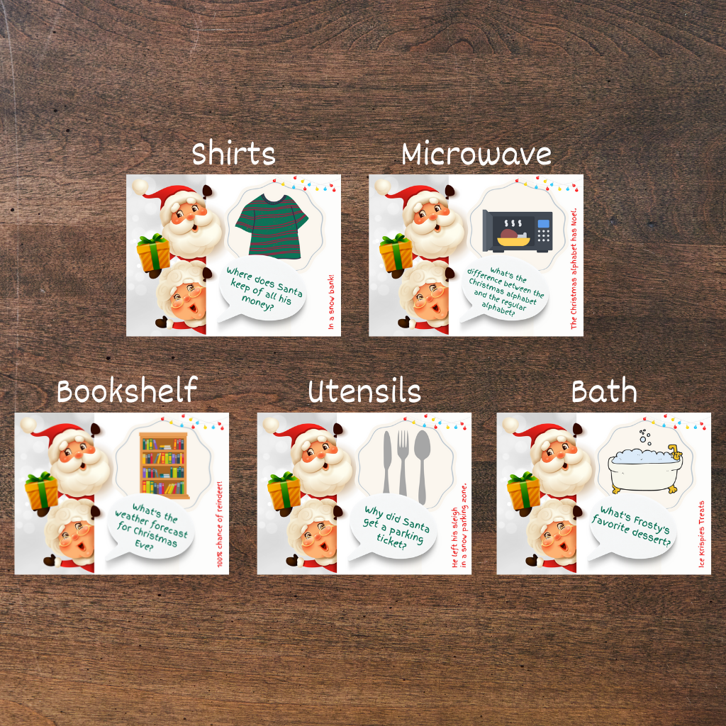 Christmas Treasure hunt cards with picture clues displayed