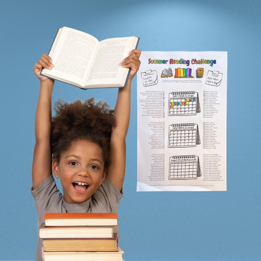 A 3rd grade girl sits with a stack of books and happily holds one high above her head, with the summer reading challenge poster hanging behind her on her wall.