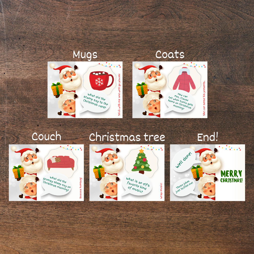 Christmas Treasure hunt cards with picture clues displayed