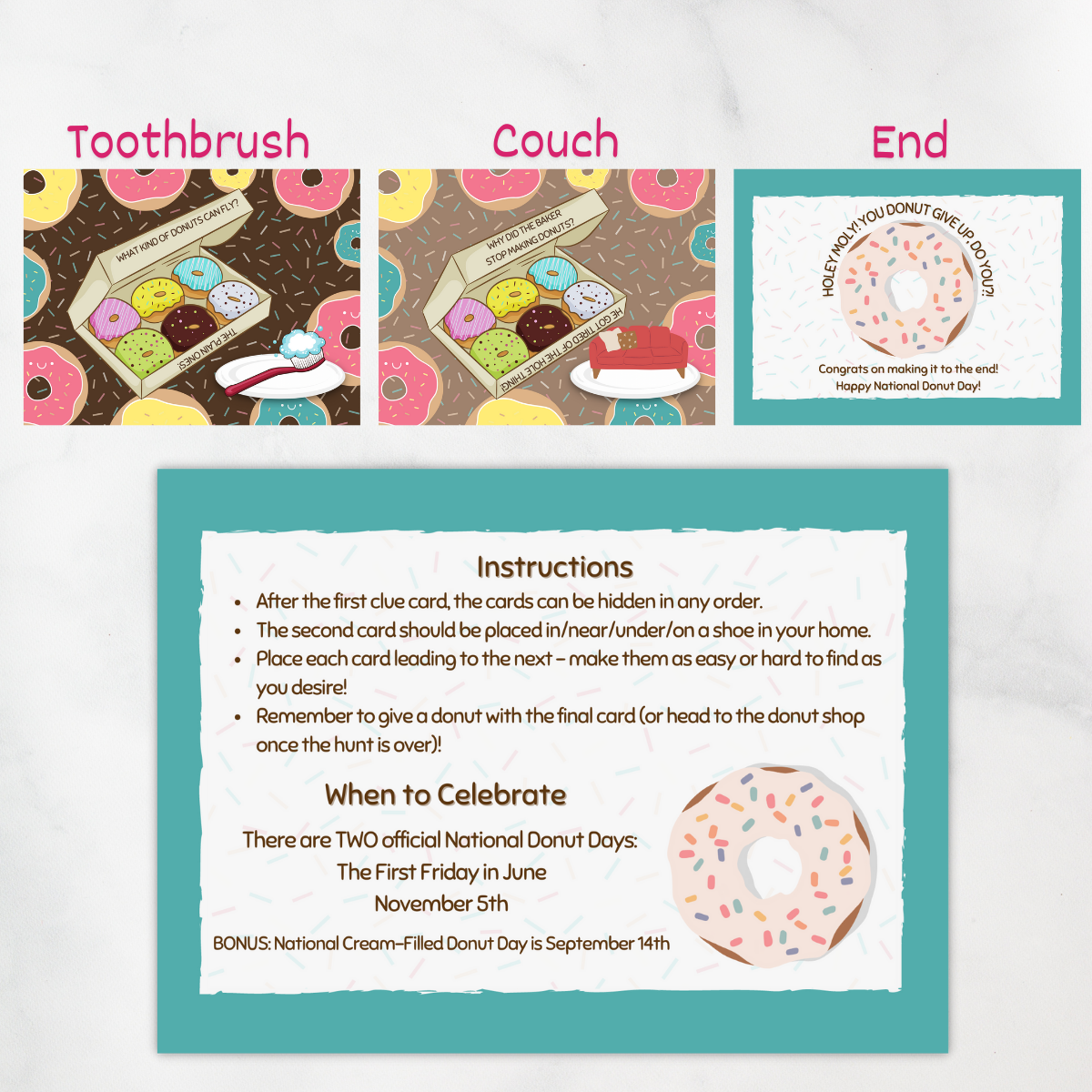 An instruction card for the National Donut Day treasure hunt is displayed next to a few clue cards and the ending card.