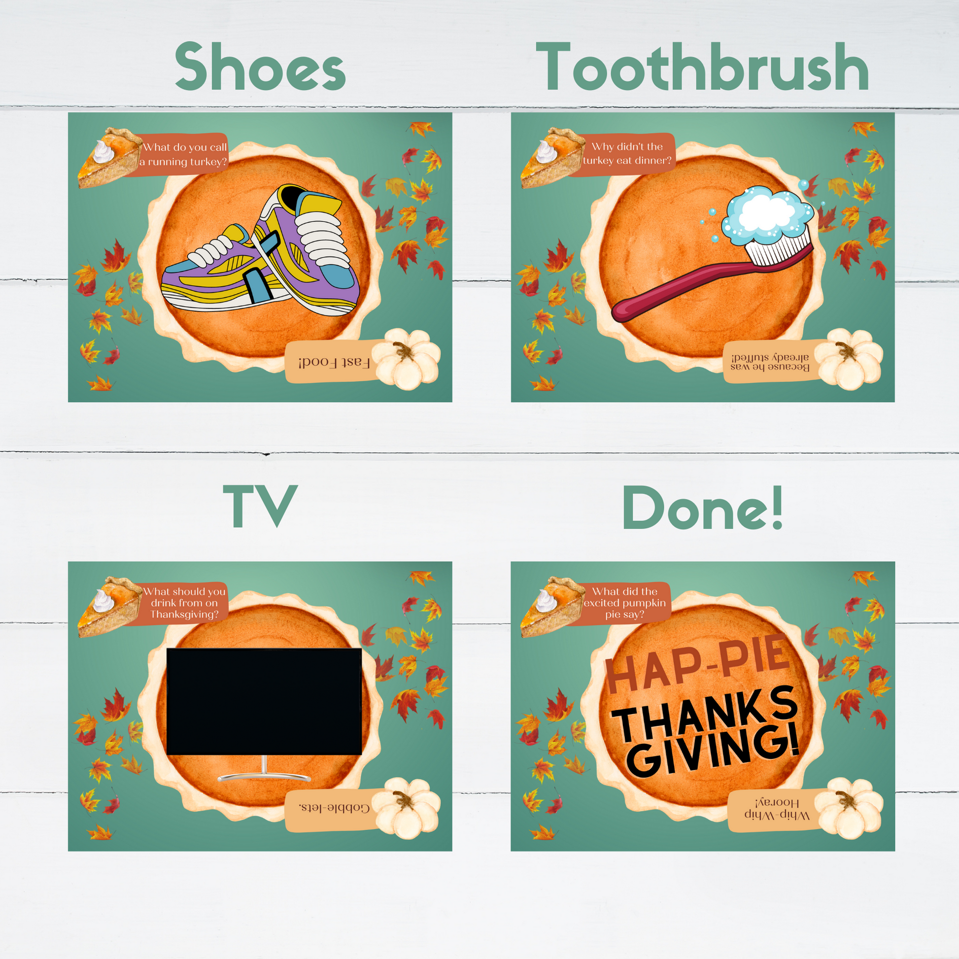 3 clue cards and one end card for a Thanksgiving Treasure Hunt are shown. Clues lead to shoes, toothbrush, and tv.