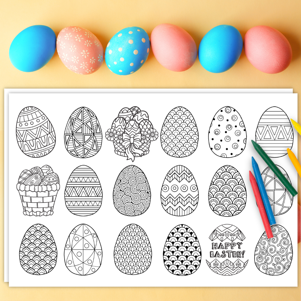 Colorful easter eggs draw your attention to a set of adult coloring pages featuring patterned easter eggs