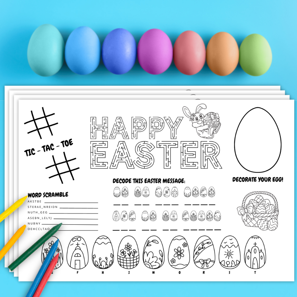 Colorful easter eggs draw your attention to an set of Easter coloring and activity placemats, including areas to color, and tic-tac-toe, word scramble, and decode a secret message activities