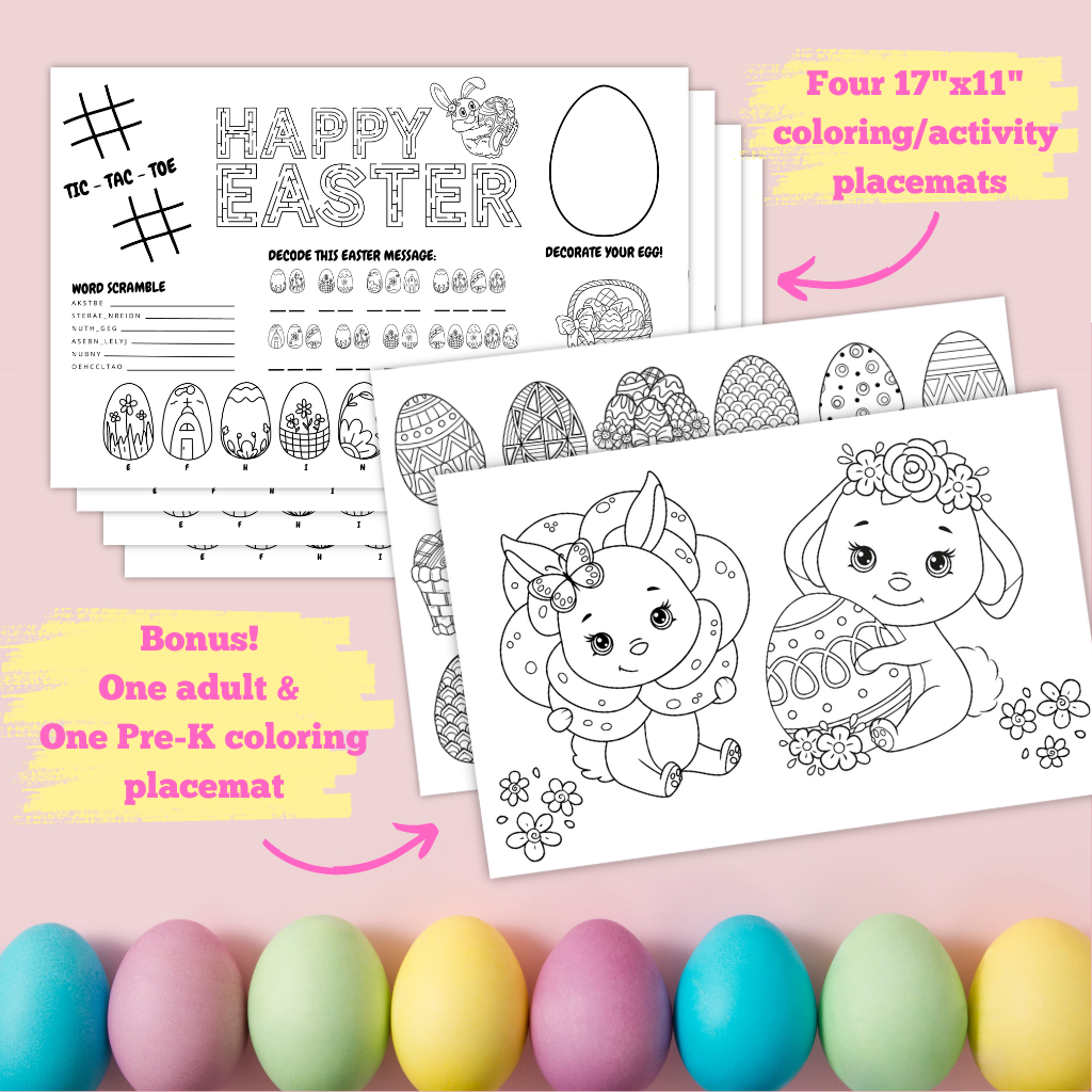 Four 17"x11" coloring/activity placemats are shown next to 2 bonus adult and pre-k coloring placemats. All placemats are Easter themed.