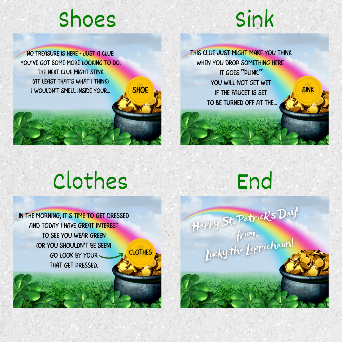 Four example cards are shown, with the locations of each labeled as: Shoes, Sink, Clothes, End.