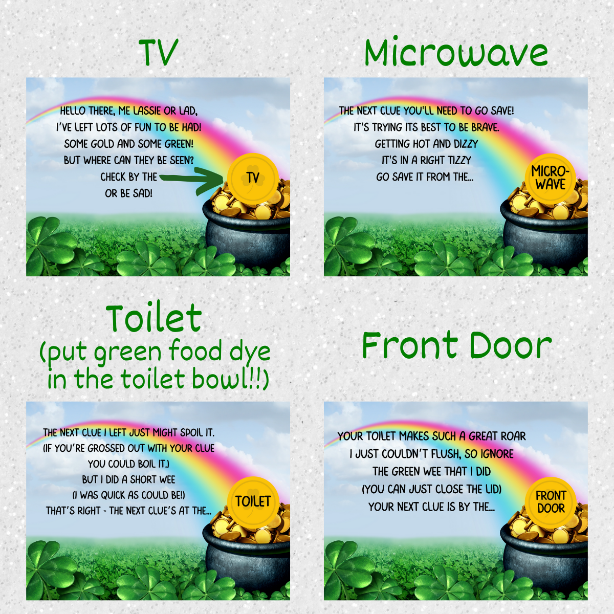 Four example cards are shown, with the locations of each labeled as: TV, Microwave, Toilet (put green food dye in the toilet bowl!!), Front Door.