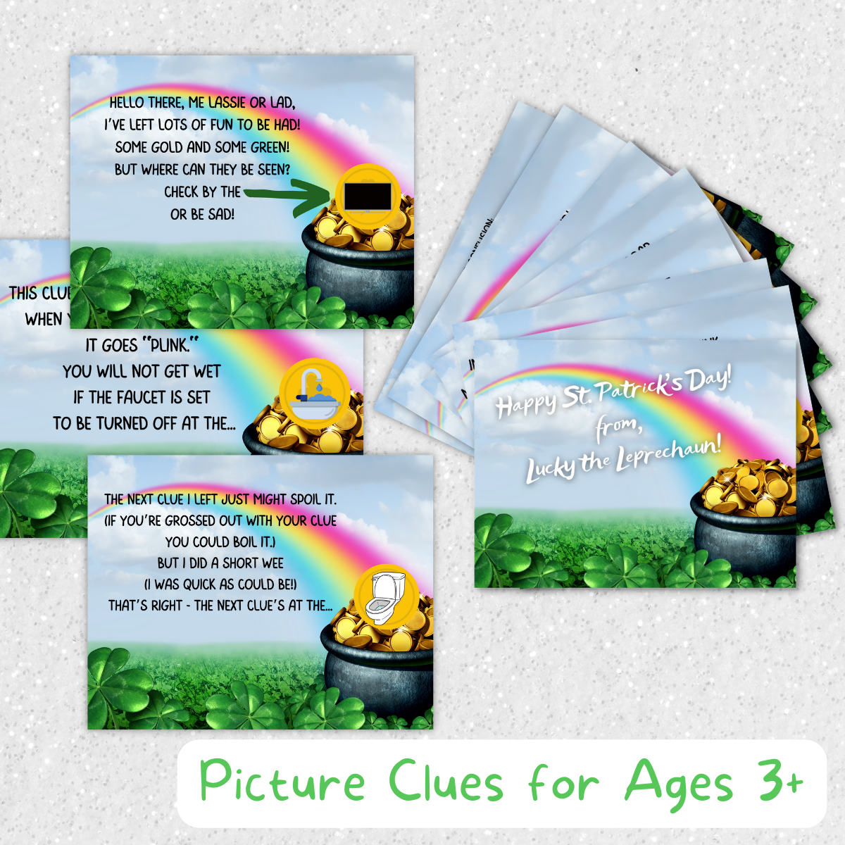 Treasure hunt cards display a rainbow leading to a pot of gold, where a gold scratch-off sticker reveals the location of the treasure hunt's next clue in picture form.