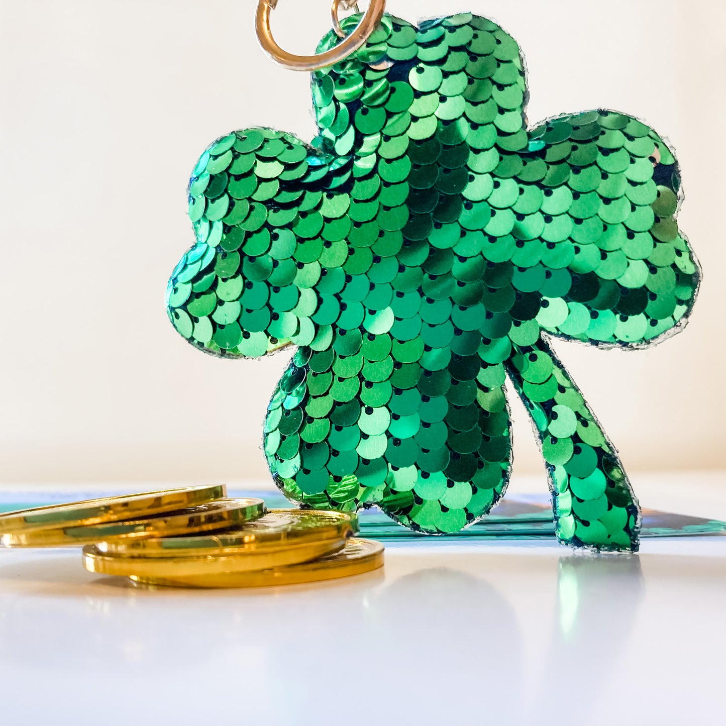 Four-Leaf Clover Keychain with Green/Silver flip sequins - BOGO 1/2 Off this week!