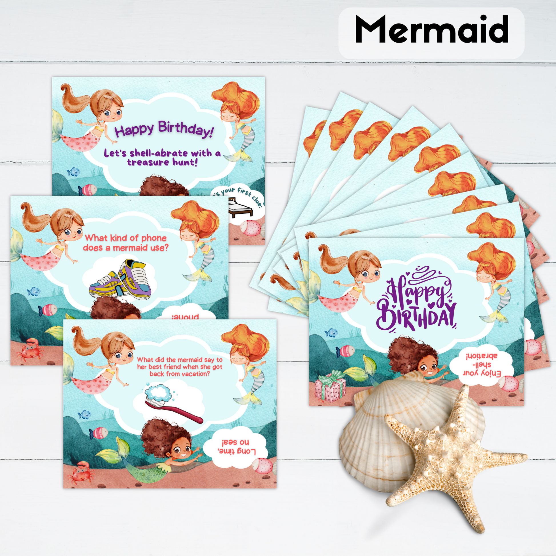 The cards for a mermaid themed treasure hunt are displayed with some sea shells.