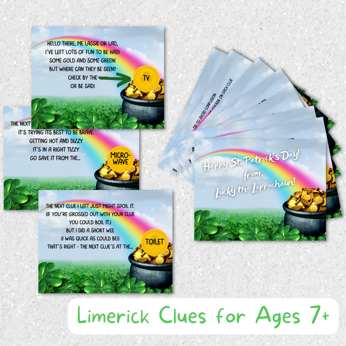 Treasure hunt cards display a rainbow leading to a pot of gold, where a gold scratch-off sticker reveals the location of the treasure hunt's next clue in limerick form.