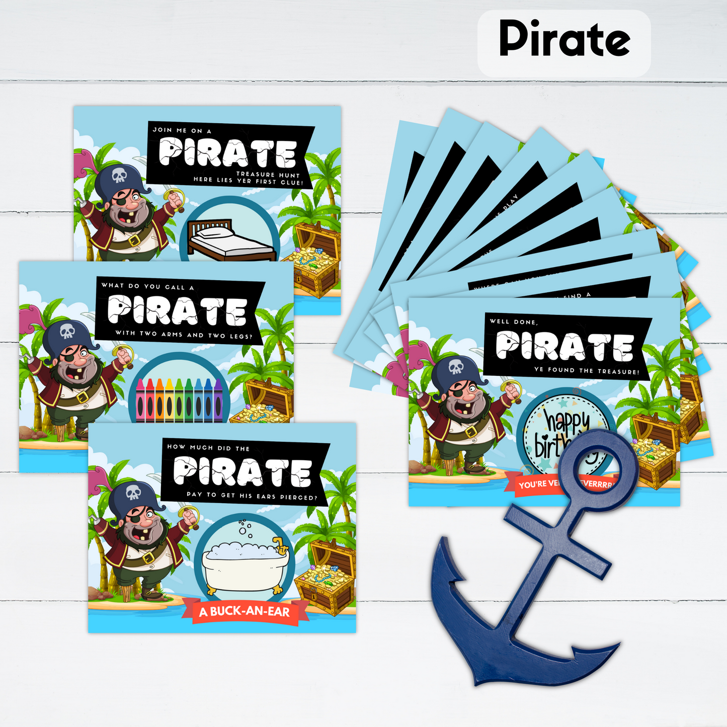 The cards for a pirate themed treasure hunt are displayed with an anchor.